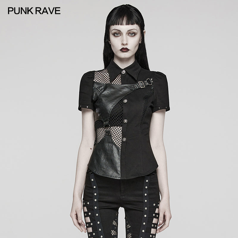 WY-1575CDF Punk Rave Punk Shirt Asymmetrical Mesh Panel Top with Faux Leather Straps?-??Punk Rave Clothing