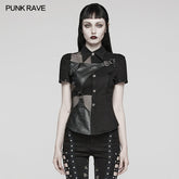 WY-1575CDF Punk Rave Punk Shirt Asymmetrical Mesh Panel Top with Faux Leather Straps?-??Punk Rave Clothing