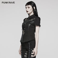 WY-1575CDF Punk Rave Punk Shirt Asymmetrical Mesh Panel Top with Faux Leather Straps?-??Punk Rave Clothing