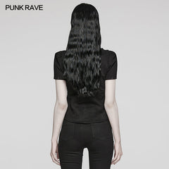 WY-1575CDF Punk Rave Punk Shirt Asymmetrical Mesh Panel Top with Faux Leather Straps?-??Punk Rave Clothing
