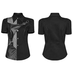 WY-1575CDF Punk Rave Punk Shirt Asymmetrical Mesh Panel Top with Faux Leather Straps?-??Punk Rave Clothing
