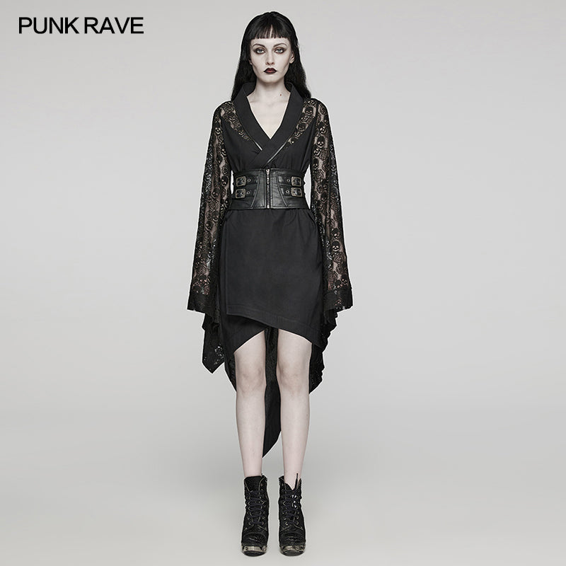 WY-1581XCF Punk Rave Lolita Coat Asymmetrical Gothic Dress with Lace Sleeves and Buckle Belt?-??Punk Rave Clothing