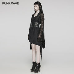WY-1581XCF Punk Rave Lolita Coat Asymmetrical Gothic Dress with Lace Sleeves and Buckle Belt?-??Punk Rave Clothing