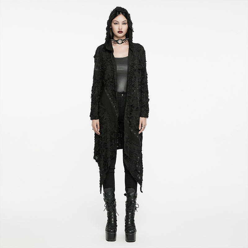 WY-1586ZCF Punk Rave Gothic Hooded Coat Long Asymmetrical Open-Front Jacket with Textured Detail?-??Punk Rave Clothing