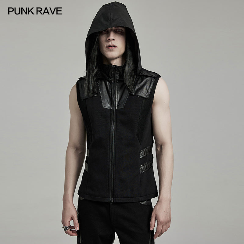 WY-1598MJM Techwear-Inspired Hooded Punk Vest with Leather Accents?-??Punk Rave Clothing