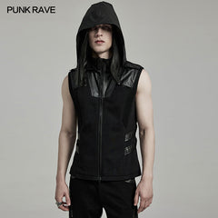 WY-1598MJM Techwear-Inspired Hooded Punk Vest with Leather Accents?-??Punk Rave Clothing