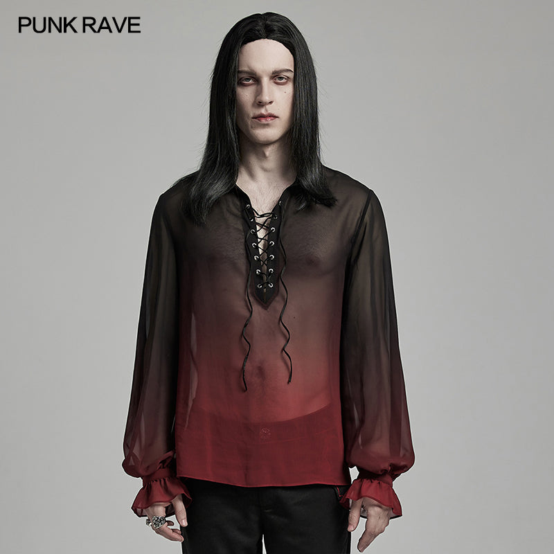 WY-1604CCM Sheer Ombre Lace-Up Gothic Shirts Men???????????????????????????¡§????????????o?????????????????????????¡§????????????????????????????????????¡§????????????s Flowing Blouse?-??Punk Rave Clothing