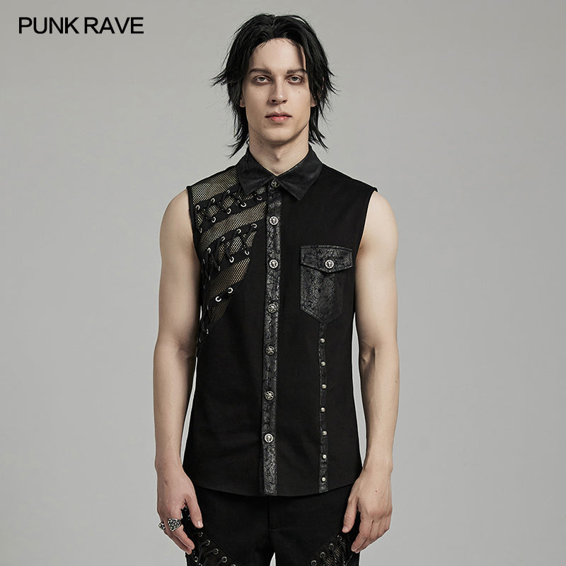 WY-1606CWM Mens Asymmetric Mesh Punk Sleeveless Shirt with Rivet Detail?-??Punk Rave Clothing