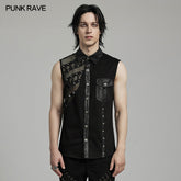 WY-1606CWM Mens Asymmetric Mesh Punk Sleeveless Shirt with Rivet Detail?-??Punk Rave Clothing