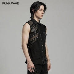 WY-1606CWM Mens Asymmetric Mesh Punk Sleeveless Shirt with Rivet Detail?-??Punk Rave Clothing