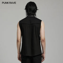 WY-1606CWM Mens Asymmetric Mesh Punk Sleeveless Shirt with Rivet Detail?-??Punk Rave Clothing