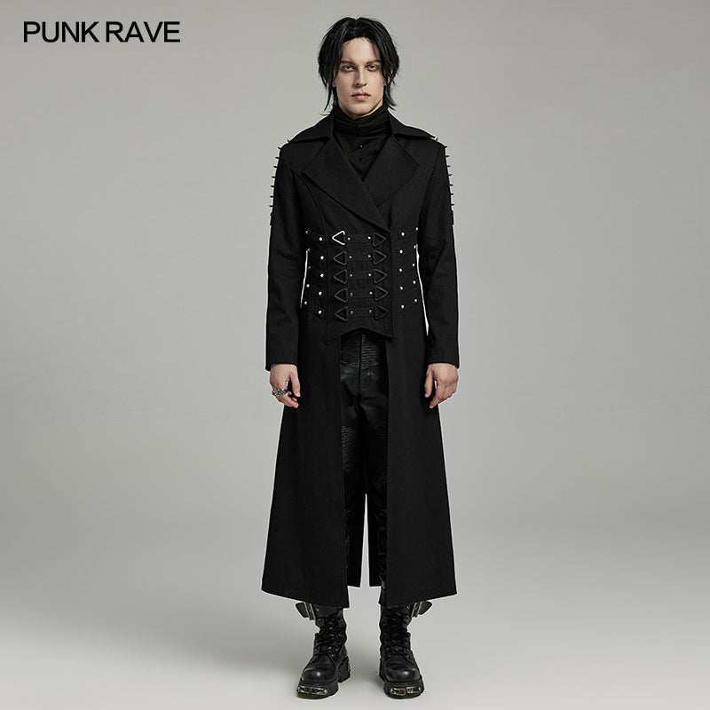 WY-1609XCM Gothic Long Coat with Spiked Shoulders False Lace-Up Detail?-??Punk Rave Clothing