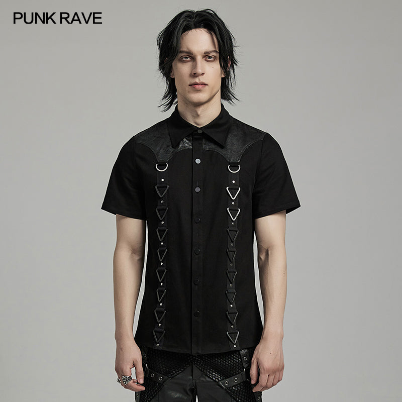 WY-1612XDM Gothic Punk black Triangle Buckle Shirt with Leather Accents?-??Punk Rave Clothing