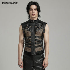 WY-1614MJM Edgy Gothic Mesh Vest Faux Leather Straps FALSE?-??Punk Rave Clothing
