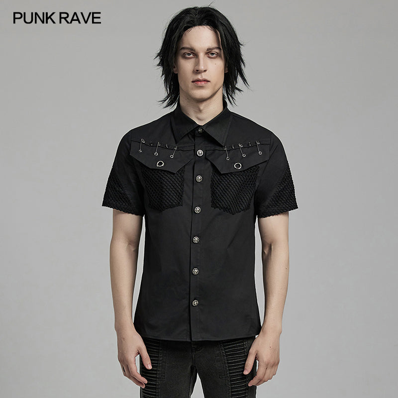 WY-1619CDM Mens black Rivet Short Sleeve Punk Shirt?-??Punk Rave Clothing