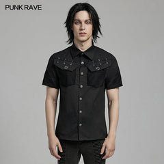 WY-1619CDM Mens black Rivet Short Sleeve Punk Shirt?-??Punk Rave Clothing