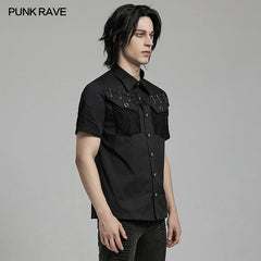 WY-1619CDM Mens black Rivet Short Sleeve Punk Shirt?-??Punk Rave Clothing