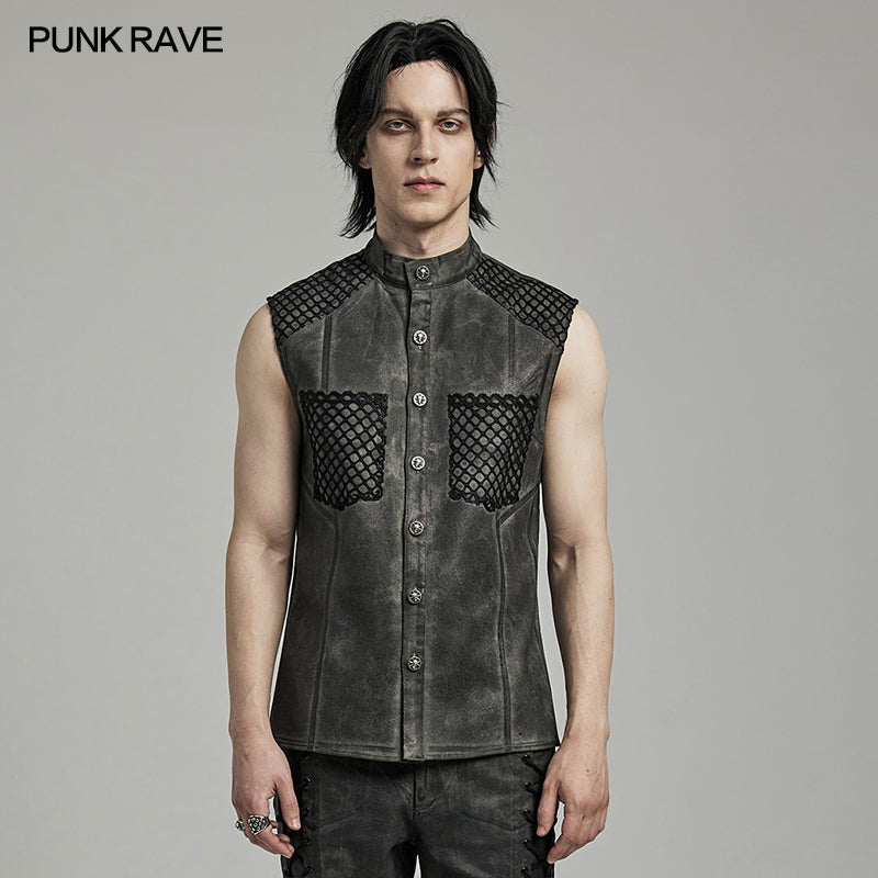 WY-1622CWM Mens Punk Vest with Studded Shoulders and Mesh Accents?-??Punk Rave Clothing