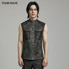 WY-1622CWM Mens Punk Vest with Studded Shoulders and Mesh Accents?-??Punk Rave Clothing
