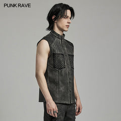 WY-1622CWM Mens Punk Vest with Studded Shoulders and Mesh Accents?-??Punk Rave Clothing