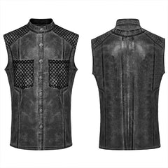WY-1622CWM Mens Punk Vest with Studded Shoulders and Mesh Accents?-??Punk Rave Clothing
