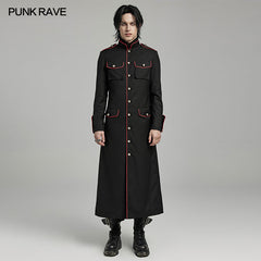 WY-1626XCM black Long Gothic Coat with Red Trim Button Accents?-??Punk Rave Clothing