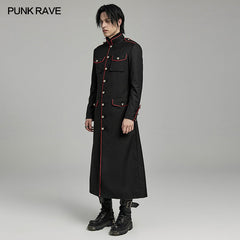 WY-1626XCM black Long Gothic Coat with Red Trim Button Accents?-??Punk Rave Clothing