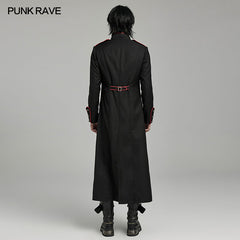 WY-1626XCM black Long Gothic Coat with Red Trim Button Accents?-??Punk Rave Clothing