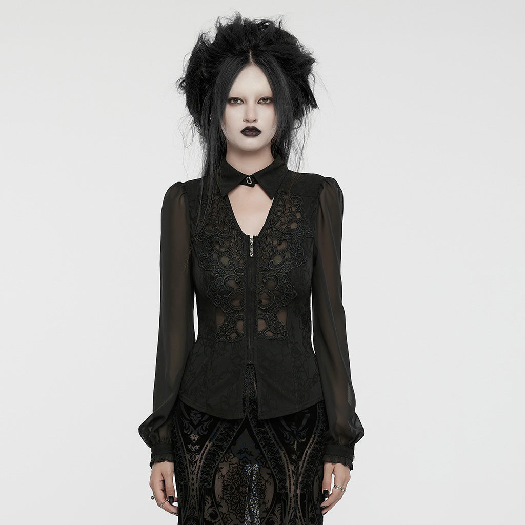 WY-1635CCF Sheer Lace Gothic Blouse with Puff Sleeves Elegant Design?-??Punk Rave Clothing