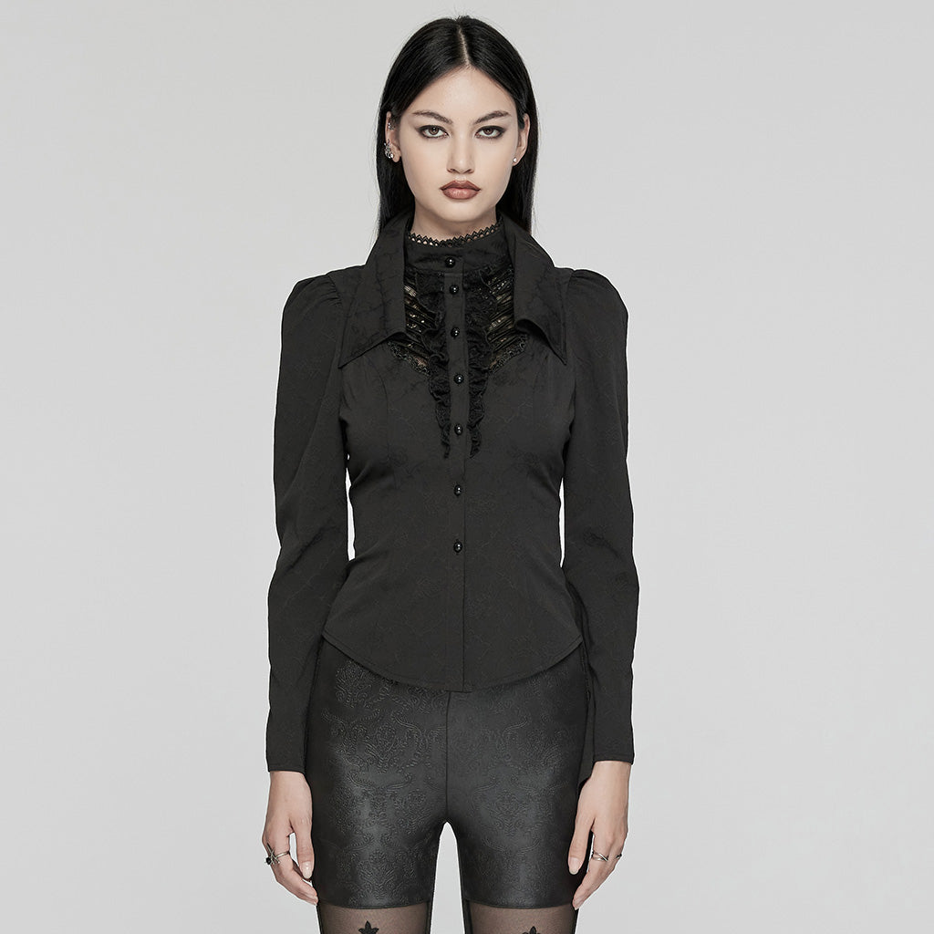 WY-1640CCF Elegant Gothic Double-Collar Lace-Up Blouse with Puff Sleeves?-??Punk Rave Clothing
