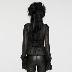 WY-1641CCF Gothic Pleated Lace Lantern Sleeve Mesh Shirt?-??Punk Rave Clothing