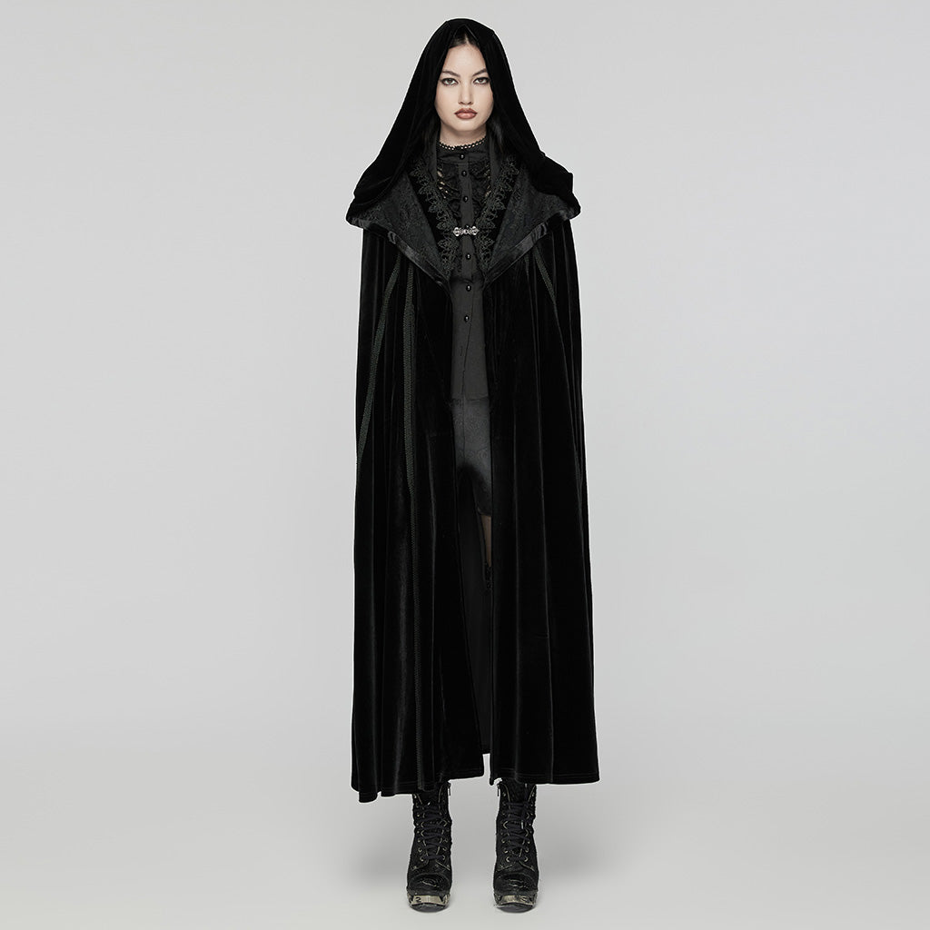 WY-1642DPF Velvet Gothic Coat with Hood and Lace Detailing?-??Punk Rave Clothing