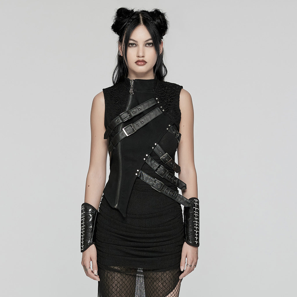 WY-1647MJF Edgy Punk Vest with Asymmetrical Leather Straps Design?-??Punk Rave Clothing