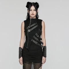 WY-1647MJF Edgy Punk Vest with Asymmetrical Leather Straps Design?-??Punk Rave Clothing