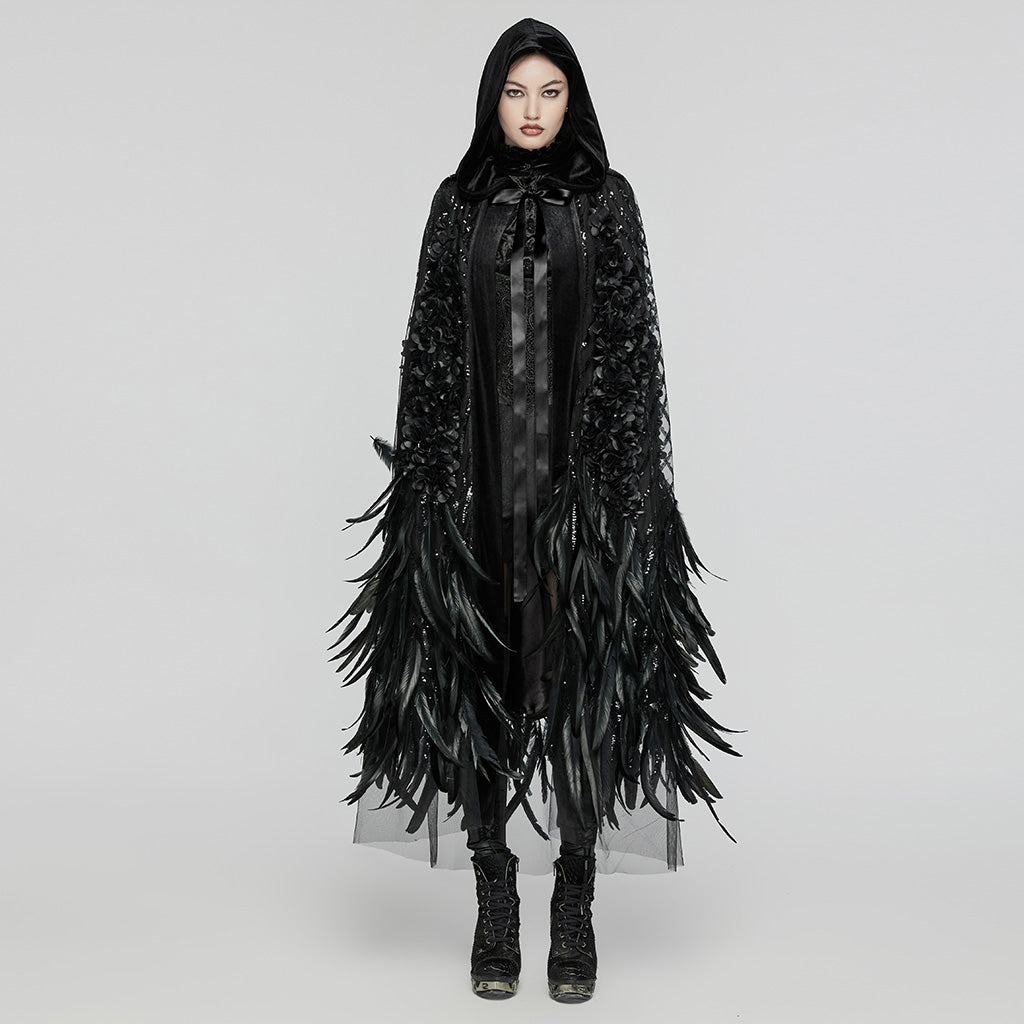 WY-1649DPF Elegant Hooded Gothic Feather Detailed Black Long Coat?-??Punk Rave Clothing