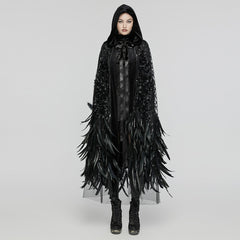 WY-1649DPF Elegant Hooded Gothic Feather Detailed Black Long Coat?-??Punk Rave Clothing