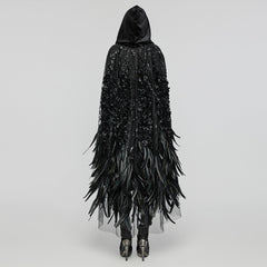 WY-1649DPF Elegant Hooded Gothic Feather Detailed Black Long Coat?-??Punk Rave Clothing