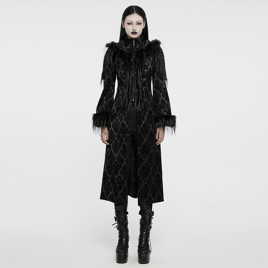 WY-1651LCF Gothic Velvet Long Coat with Feathered Hood Cuffs Trim?-??Punk Rave Clothing