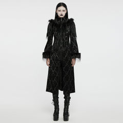 WY-1651LCF Gothic Velvet Long Coat with Feathered Hood Cuffs Trim?-??Punk Rave Clothing