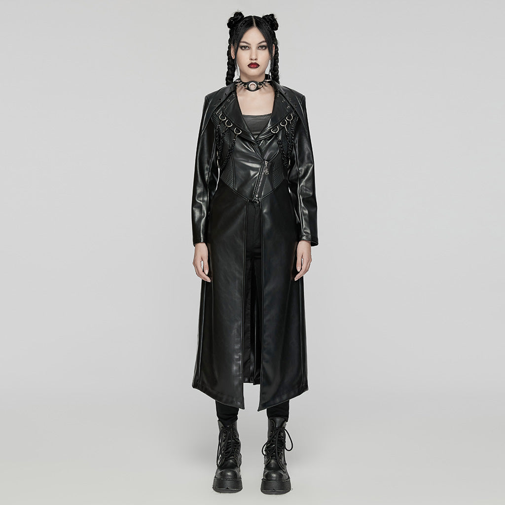 WY-1655PCF Gothic Punk Long Leather Coat with Buckle Details?-??Punk Rave Clothing