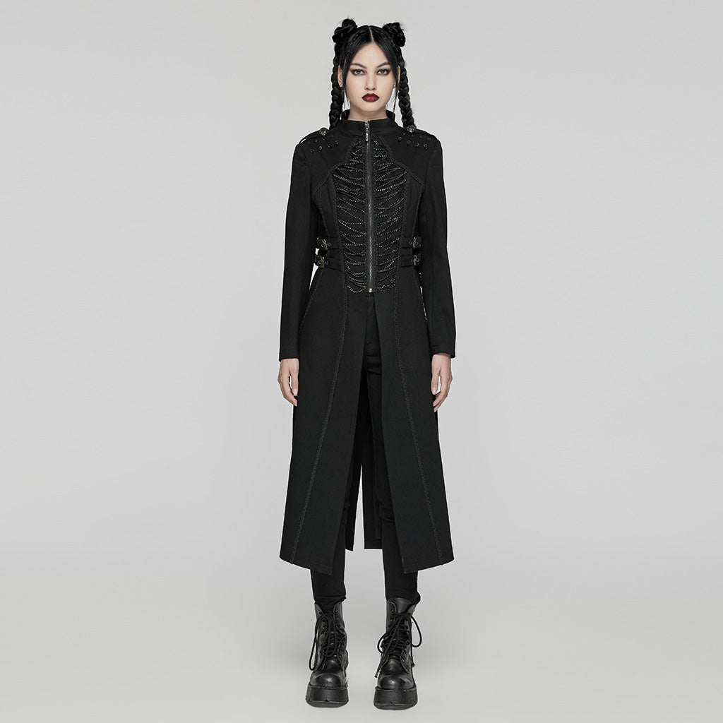 WY-1656NCF Gothic Long Black Punk Coat with Chain Details?-??Punk Rave Clothing