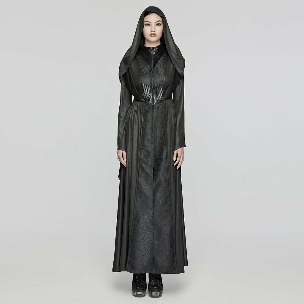 WY-1657XCF Gothic Hooded Long Coat with Elegant Brocade Details?-??Punk Rave Clothing