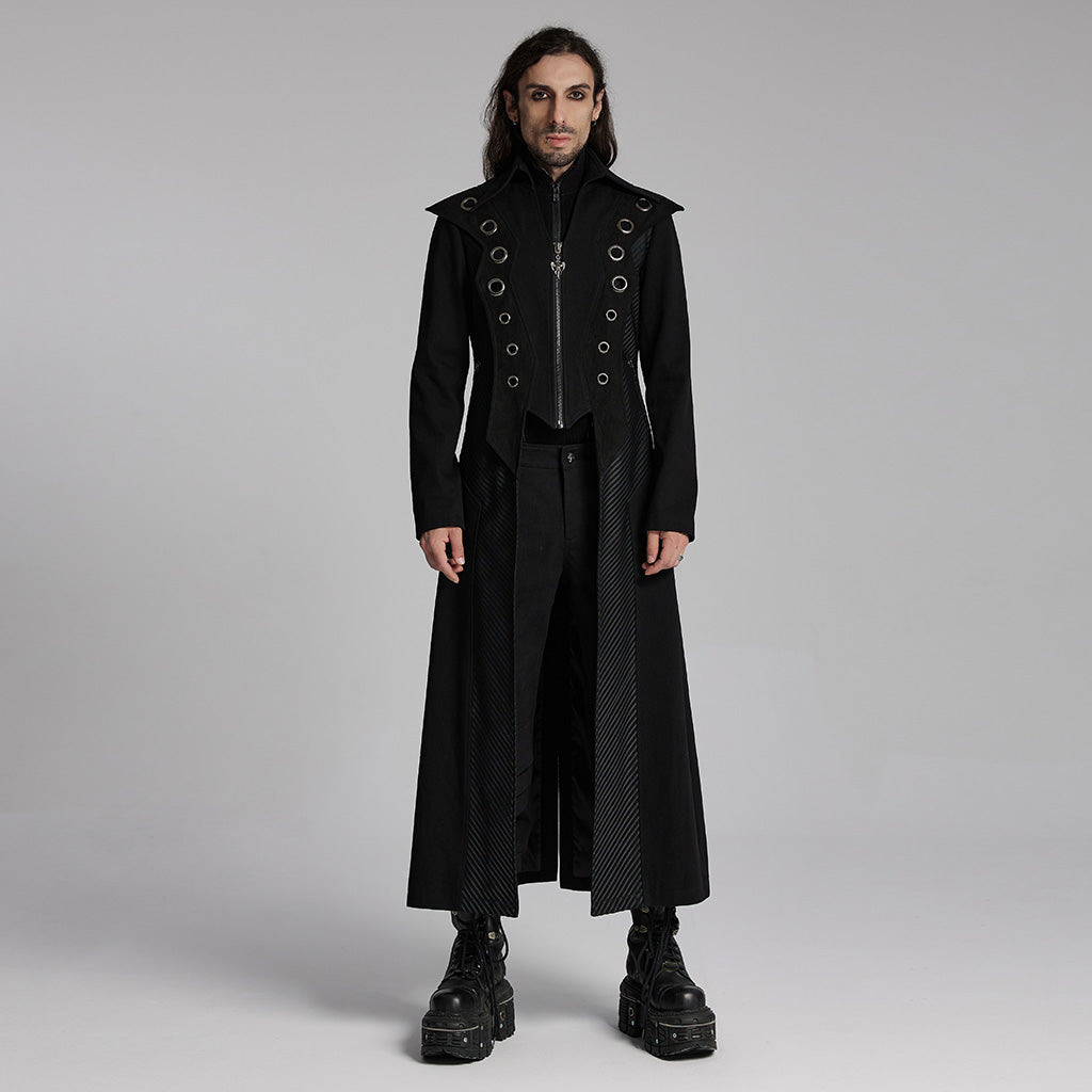 WY-1662XCM Long Black Gothic Trench Punk Coat Buttoned Detail?-??Punk Rave Clothing