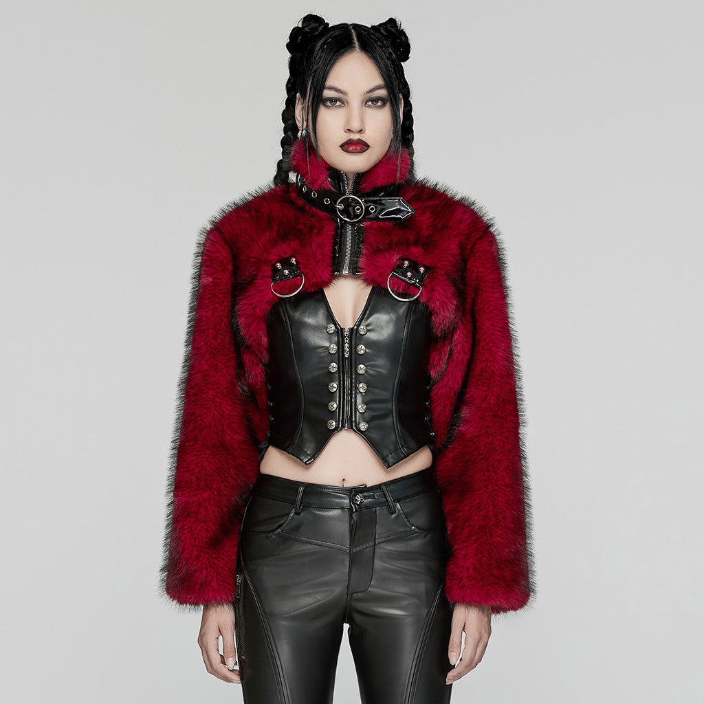 WY-1664XDF Gothic Punk Fur Jacket with Buckle Strap Details?-??Punk Rave Clothing