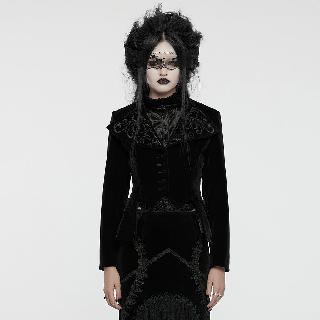 WY-1665XCF Velvet Gothic Embroidered Coat with Lace-Up Back Detailing?-??Punk Rave Clothing