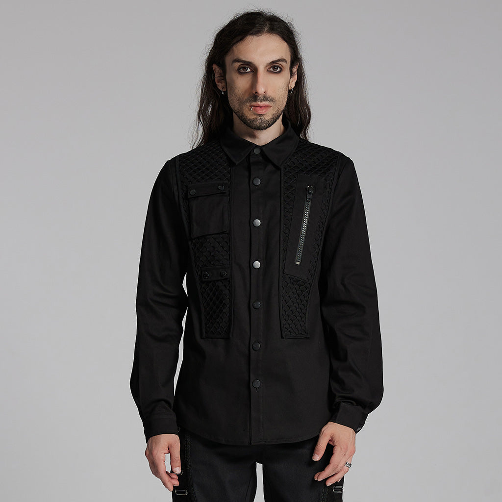 WY-1666CCM Mens Black Gothic Rivet Punk Shirt with Zipper Detail?-??Punk Rave Clothing