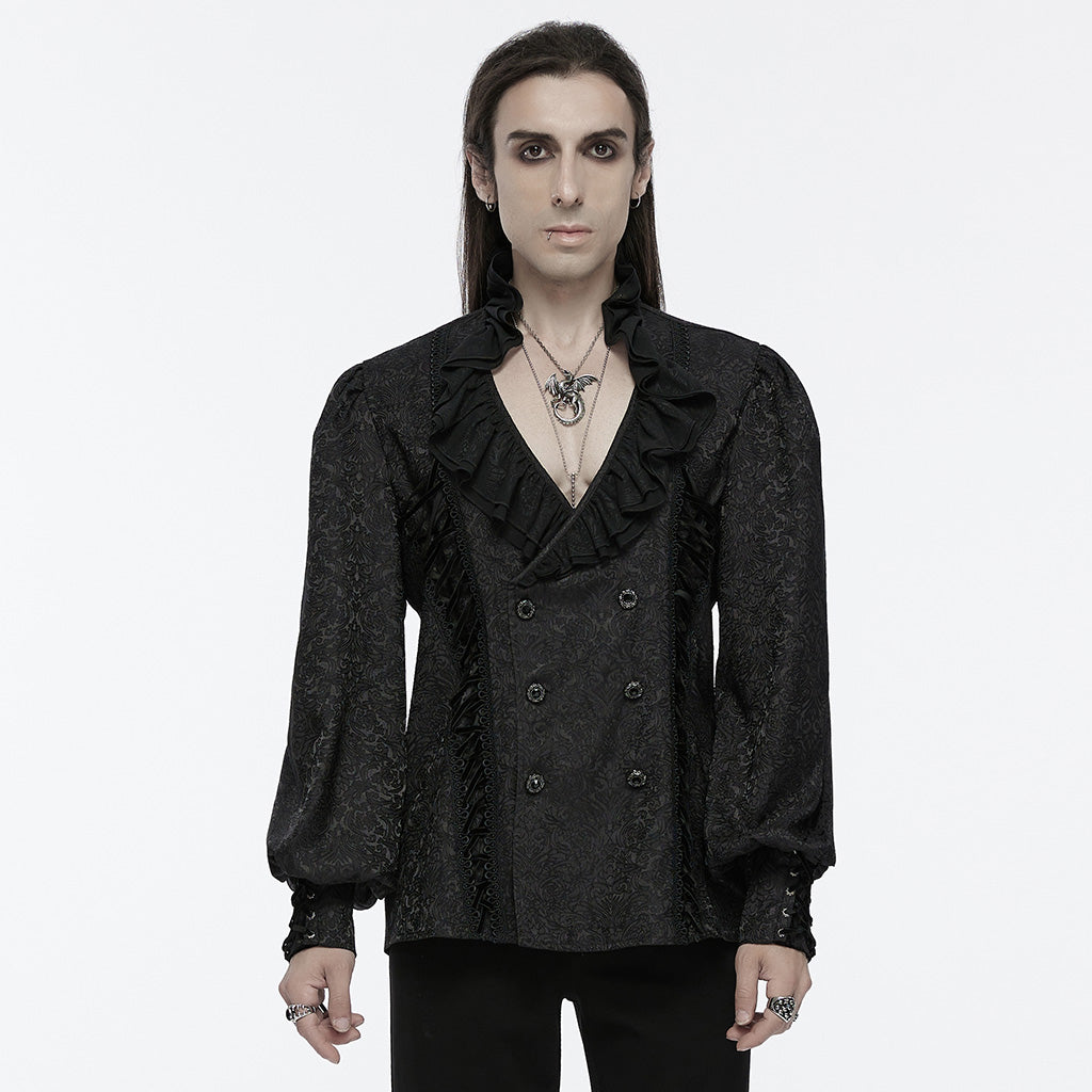 WY-1669CCM Mens Gothic Ruffled Double-Breasted Black Lace Shirt?-??Punk Rave Clothing
