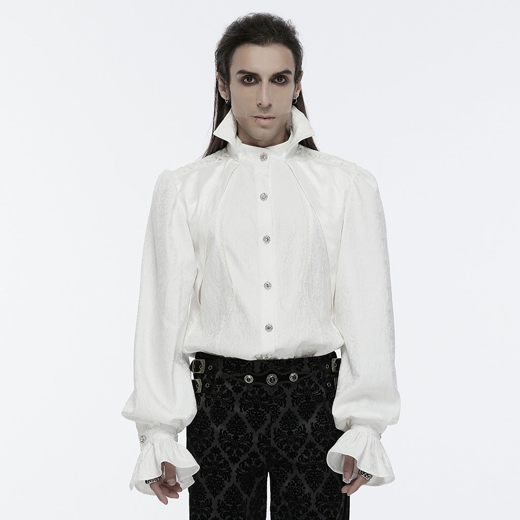 WY-1690CCM Victorian Gothic Stand Collar Ruffled Sleeve Shirt White?-??Punk Rave Clothing