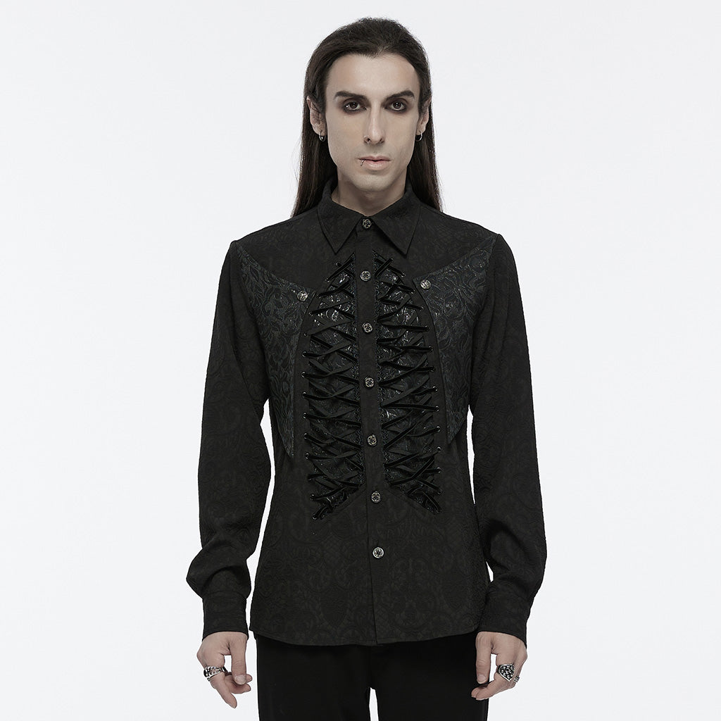 WY-1692CCM Mens Gothic Embroidered Shirt with Lace-Up Front?-??Punk Rave Clothing