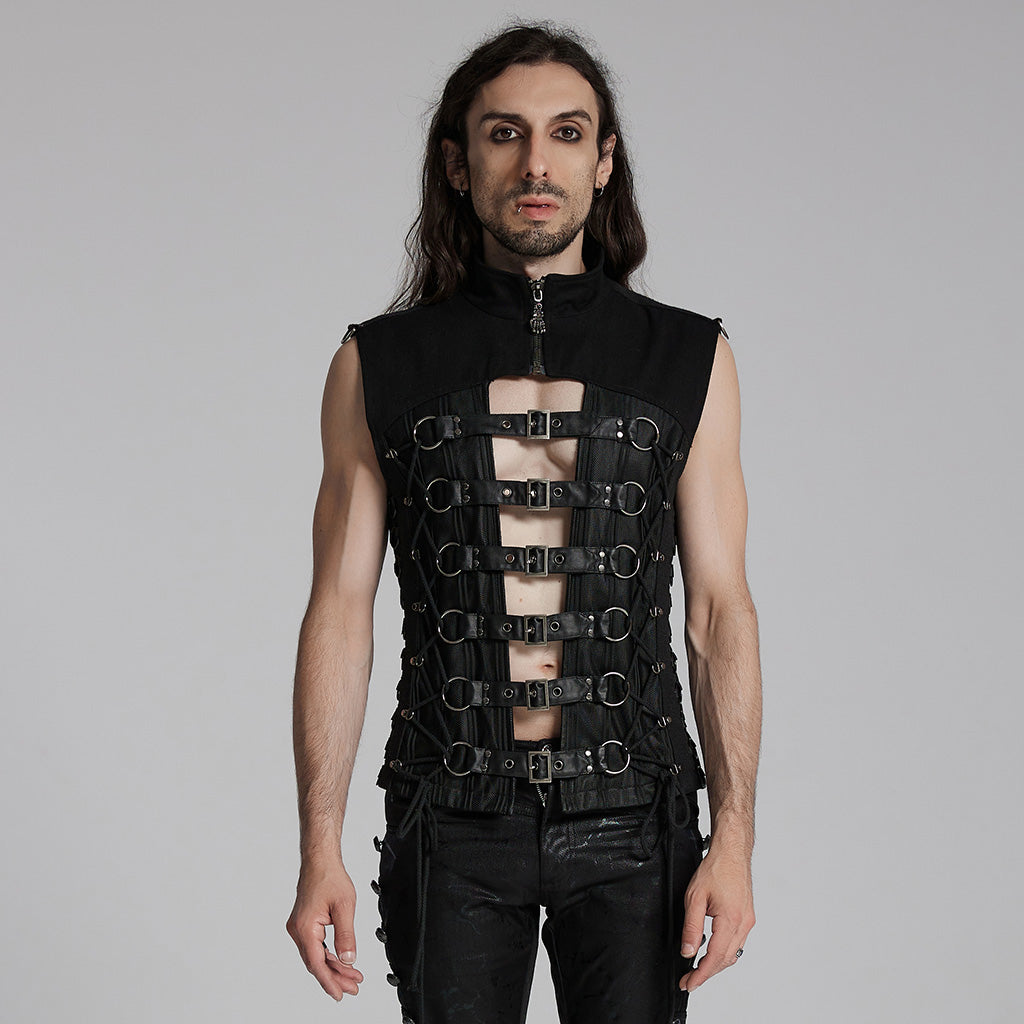 WY-1701MJM Gothic Leather Strapped Mesh Biker Punk Vests Zipper Closure?-??Punk Rave Clothing